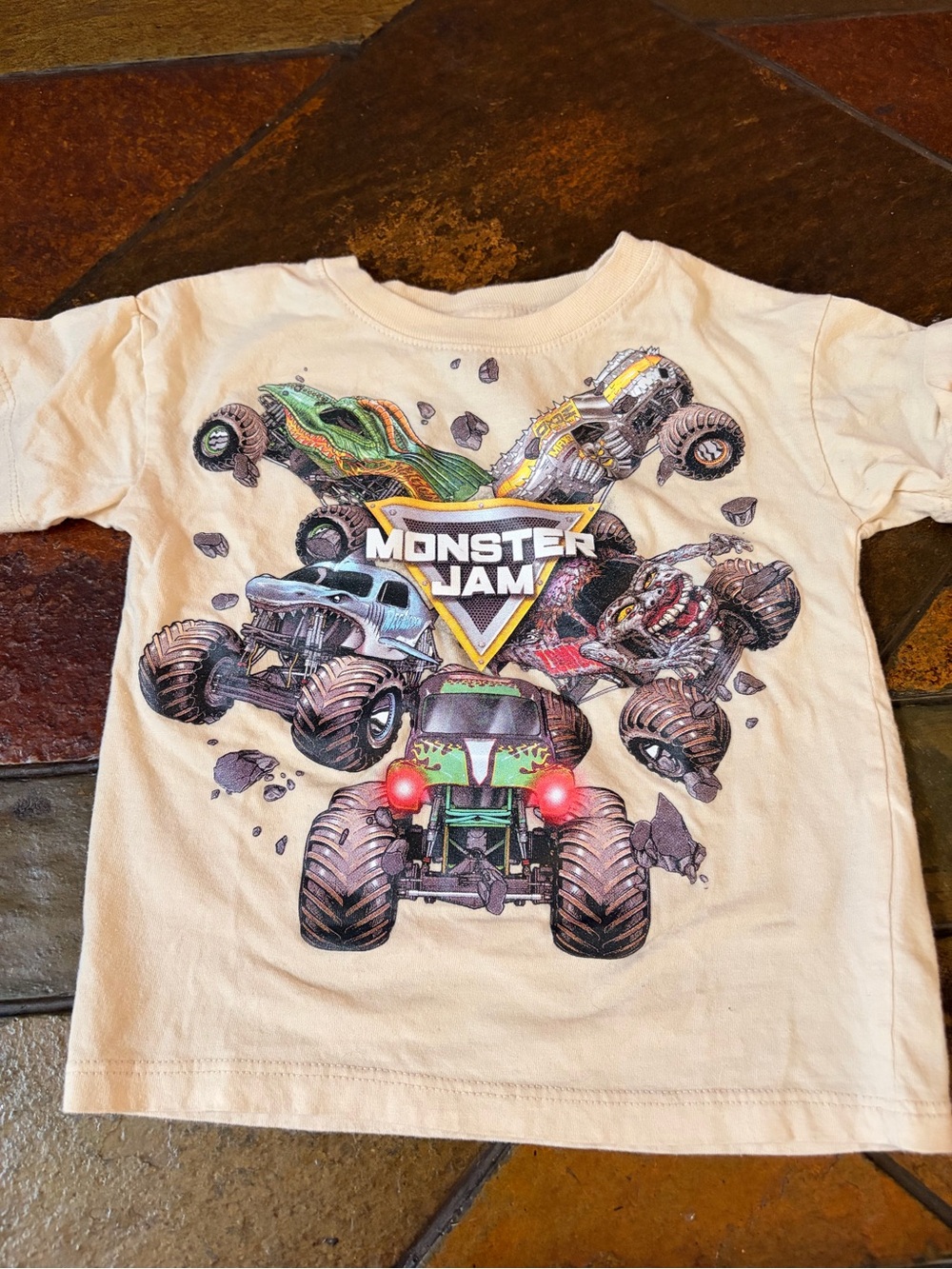 Kids Beige T-Shirt with Green Monster Truck Graphic